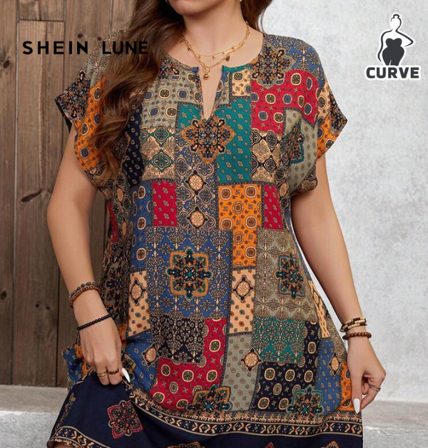 SHEIN Vintage Floral Print V-Neck Batwing Sleeve Casual Dress Vacation Outfits Woman 2xl +