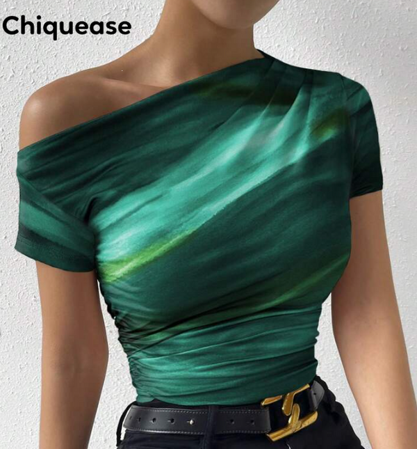 Shein Chiquease Tie-Dye Print Oblique Shoulder Asymmetric Ruffle T-Shirt +