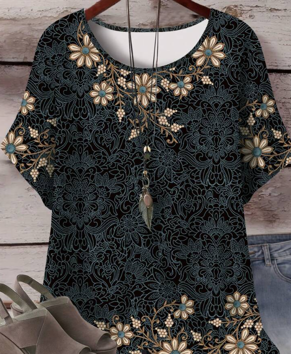 Shein Plus Size Vintage Floral Print Comfortable Casual Round Neck T-Shirt, Summer +