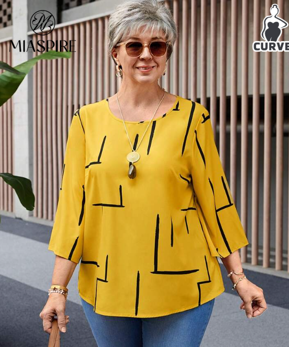 Shein Old Money Women's Line Print Round Neck 3/4 Sleeve Casual +