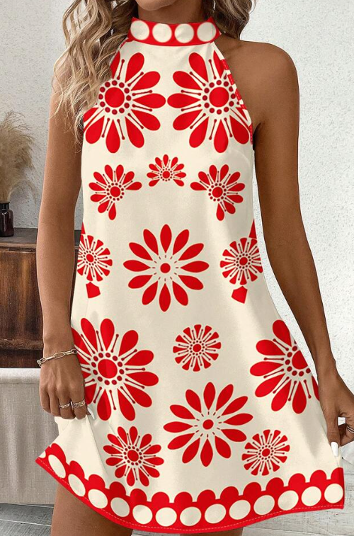 SHEIN Clasi Red Floral Print HalterSummer Vacation Dress  +