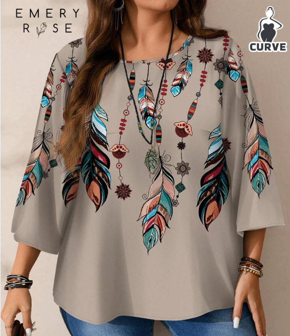Shein Plus Size Women's Casual All-Over Print Loose Fit Round Neck 3/4 +