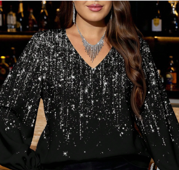 Shein Plus Size Black Elegant Party Shiny Silver Foil Pattern Lantern Sleeve Blouse, 4XL>