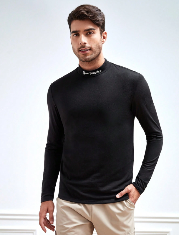 Shein Men Regular Letter Graphic Mock Neck Long Sleeve Urban Tee, XXL -.