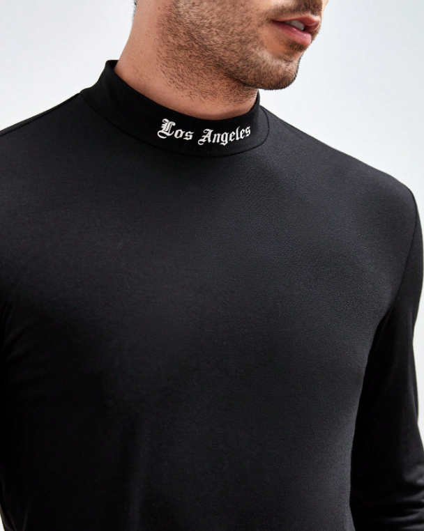 Shein Men Regular Letter Graphic Mock Neck Long Sleeve Urban Tee, XXL -.