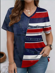 Shein Printed & Striped Pattern V-Neck Short Sleeve Casual Plus Size T-Shirt -.