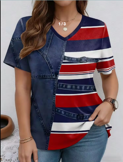 Shein Printed & Striped Pattern V-Neck Short Sleeve Casual Plus Size T-Shirt -.