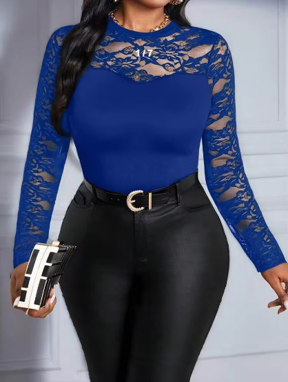 Shein Lace Long Sleeve Round Neck Contrast Mesh Knitted Top, XXL -.