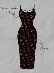 Shein Cherry Print Casual Minimalist Full Length Bodycon Slip Dress-.