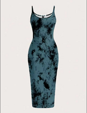 Shein Simple Olive Green All-Over Print Bodycon Maxi Dress, L -.