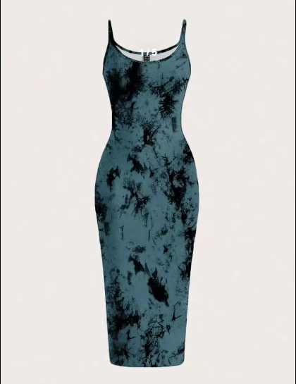 Shein Simple Olive Green All-Over Print Bodycon Maxi Dress, L -.