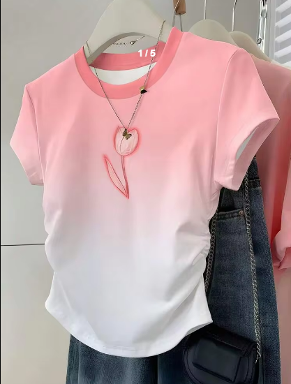 Shein Gradient Pink And White Tulip Print Women's Short-Sleeved T-Shirt, S -.