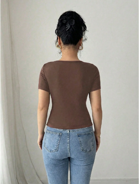 Shein Metal Flower Decor Asymmetric Neck Short Sleeve T-Shirt, S -.