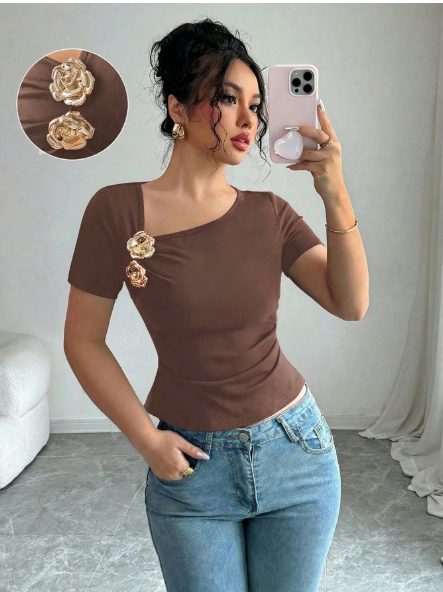 Shein Metal Flower Decor Asymmetric Neck Short Sleeve T-Shirt, S -.