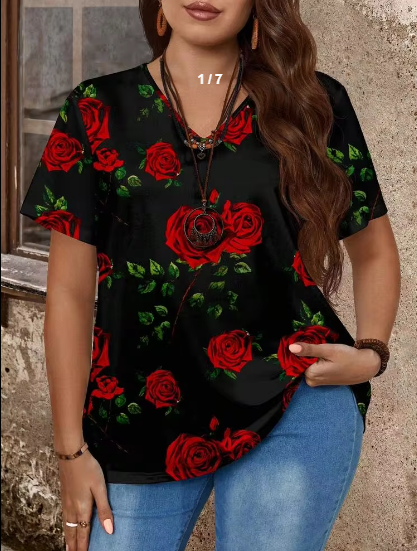 Shein Casual V-Neck Short Sleeve Fitted Plus Size Women's T-Shirt, 4XL -.