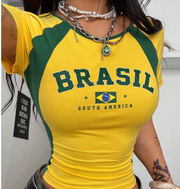 Shein Chic Basic Brazil Graphics Stretchy Comfortable Yellow Slim Fit Tee >