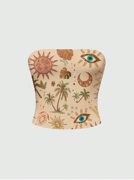 Shein Baech Graphic Hippie Sun, Moon, Star & Palm Tree Print Khaki Camisole Top, L>