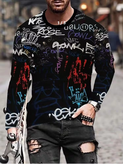 Shein 3D Print Men's Long Sleeve T-Shirt, L -.