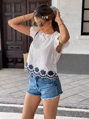 Shein White Floral Embroidered Faux Linen Crop Top, M -.