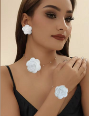 Shein Set Of 4pcs 18K Stainless Steel Fabric Red Rose Necklace, Bracelet, Earrings Jewelry Set