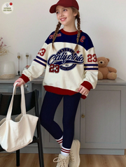 Shein Leap Crew Tween Girl Navy Casual Retro Letter & Number Badge Graphic Sweatshirt And Leggings 2 Pieces Set, 12T -.