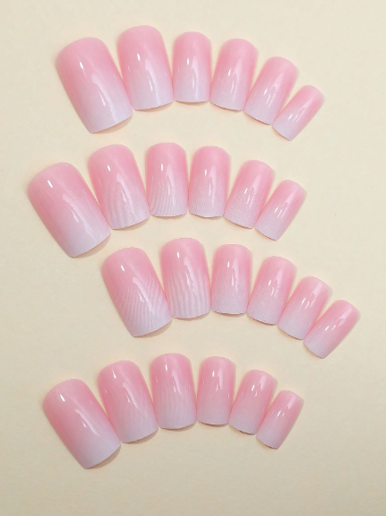 Shein 24pcs Glossy Medium Square Press-On Nails, Pink &White Ombre Fake Nails -.