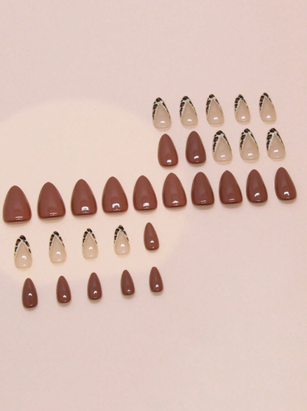Shein  30Pcs Reddish Brown Press On Nails Short Almond Leopard Print French And Glitter Design False Nails Set -.