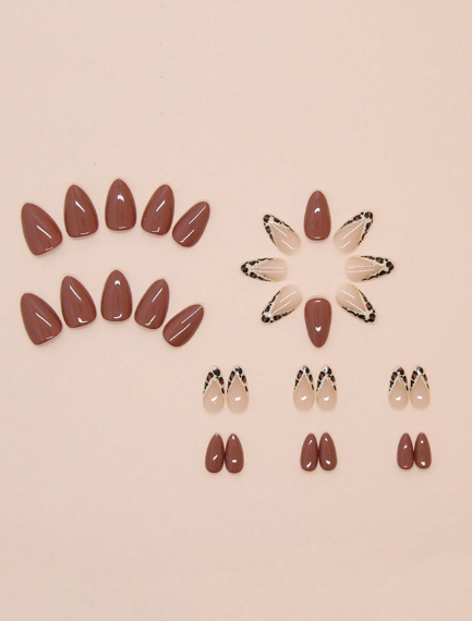 Shein  30Pcs Reddish Brown Press On Nails Short Almond Leopard Print French And Glitter Design False Nails Set -.