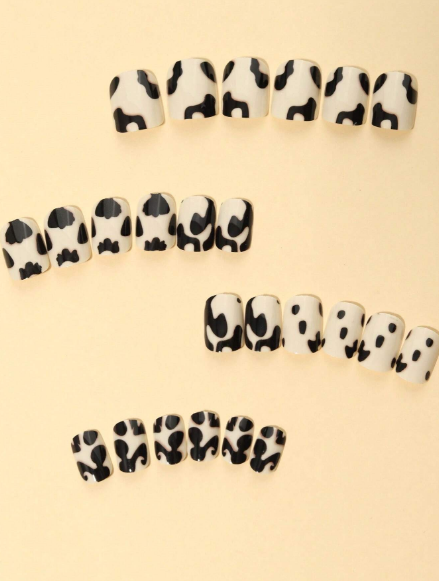 Shein 24pcs Short Square Milky White Dotted Cow Print Press-On Nails -.