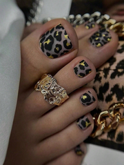 Shein 24pcs Short  Black Leopard Print &Gold Foil Design Press-On Toenails -.