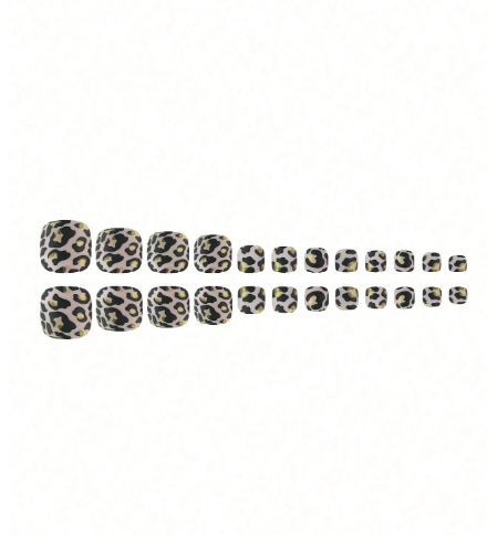 Shein 24pcs Short  Black Leopard Print &Gold Foil Design Press-On Toenails -.