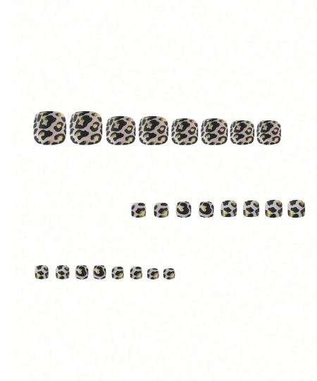 Shein 24pcs Short  Black Leopard Print &Gold Foil Design Press-On Toenails -.