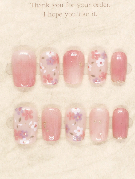 Shein 30pcs Short Square Pink Sakura Glitter False Nails -.