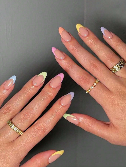 Shein 24pcs Rainbow Color Almond Shaped French Soft Full Coverage Press-On False Nail -.