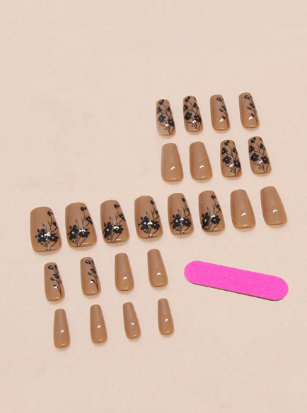 Shein 24 Pieces Of Short Black Coffin-Shaped Flower Nail Stickers-.