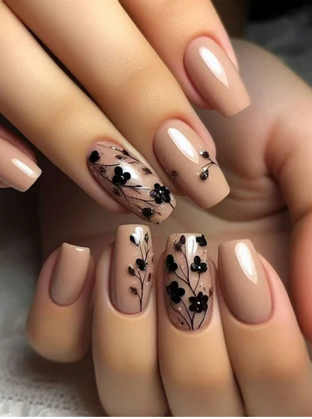 Shein 24 Pieces Of Short Black Coffin-Shaped Flower Nail Stickers-.
