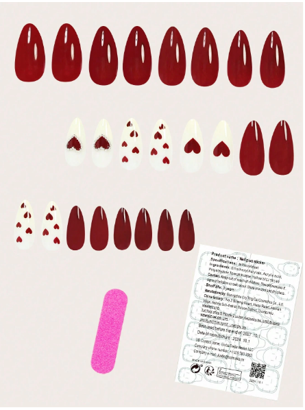 Shein 24pcs Medium Almond-Shaped Minimalist 3D Heart  Red False Nails-.