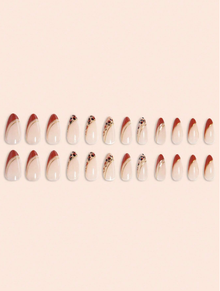 Shein 24Pcs Almond Square Press On Nails Set Leopard Print Bevelled Edge French Style Fake Nail -.