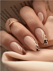 Shein 24Pcs Almond Square Press On Nails Set Leopard Print Bevelled Edge French Style Fake Nail -.