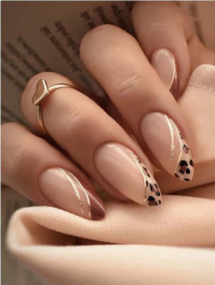 Shein 24Pcs Almond Square Press On Nails Set Leopard Print Bevelled Edge French Style Fake Nail -.