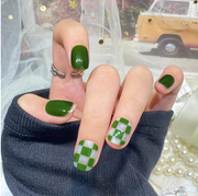 Shein 24pcs Emerald Checkerboard French-Style Fake Nail Stickers - Gel Nail Set-.