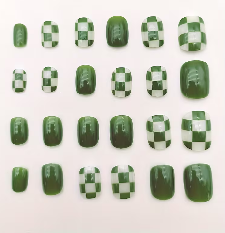 Shein 24pcs Emerald Checkerboard French-Style Fake Nail Stickers - Gel Nail Set-.