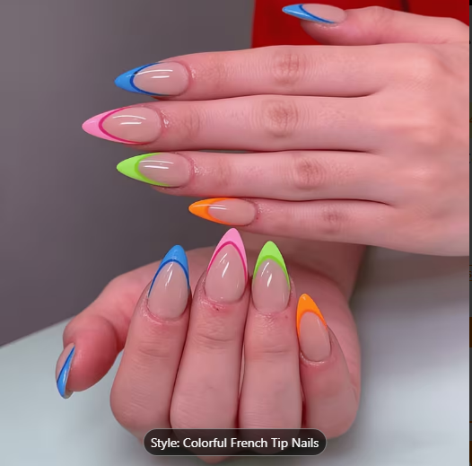 Shein 24pcs Summer Medium Almond Neon Colorful French Tip Press on Nails-.