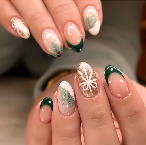Shein 24pcs Nail Stickers Christmas Wear Nail Plate Green French-.