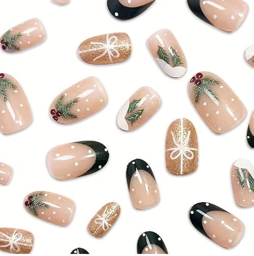 Shein 24pcs Nail Stickers Christmas Wear Nail Plate Green French-.