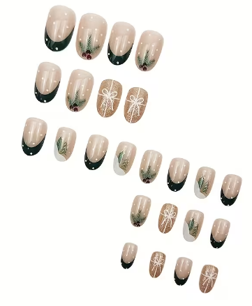 Shein 24pcs Nail Stickers Christmas Wear Nail Plate Green French-.