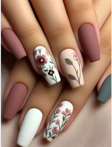 Shein 24pcs Medium Square Nails, Matte Pink And White With Floral>