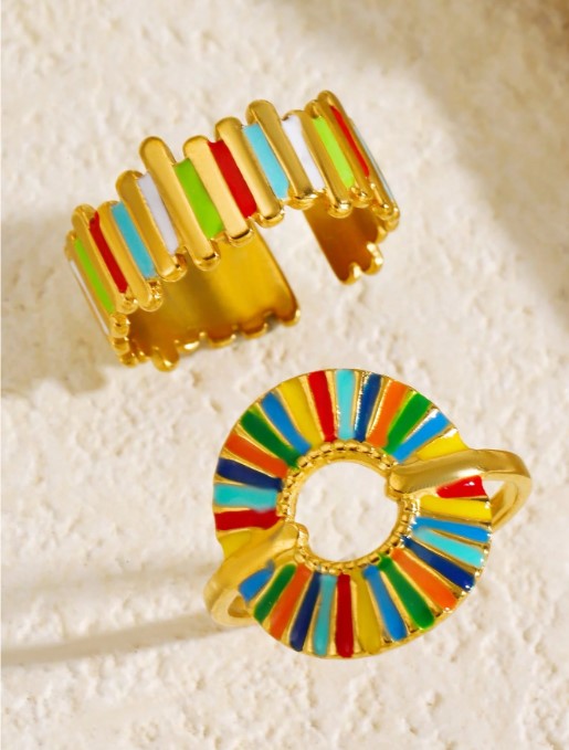 Shein Gold Plated Colorful Drip Oil Ring Set (2pcs) >