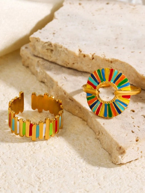 Shein Gold Plated Colorful Drip Oil Ring Set (2pcs) >