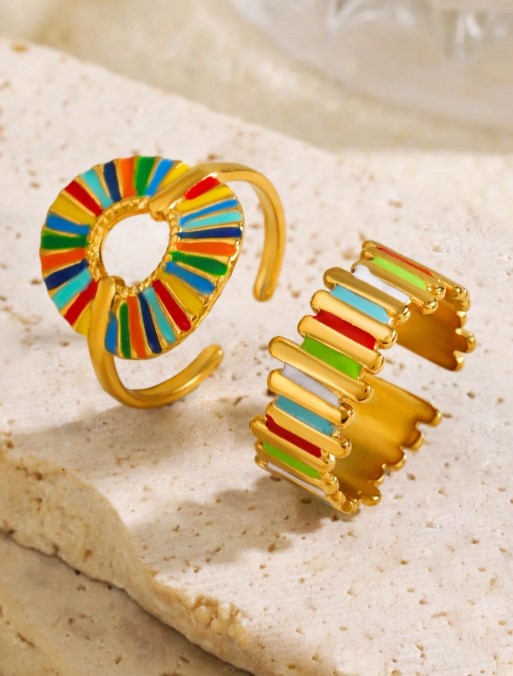 Shein Gold Plated Colorful Drip Oil Ring Set (2pcs) >